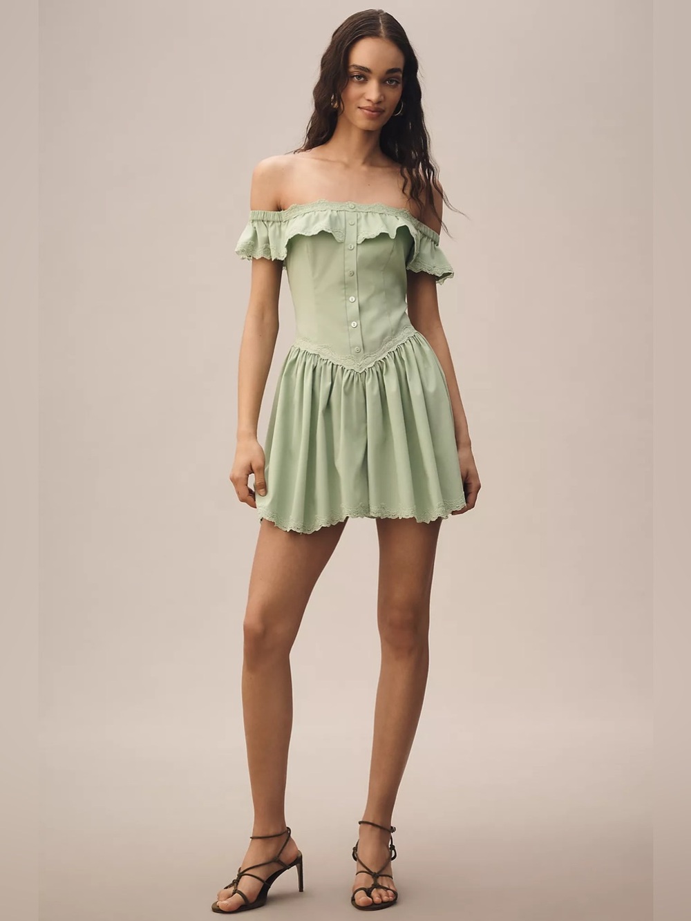 NWT!! Anthropologie- Mare Mare Off-The-Shoulder Ruffle Romper - Forest Green - M